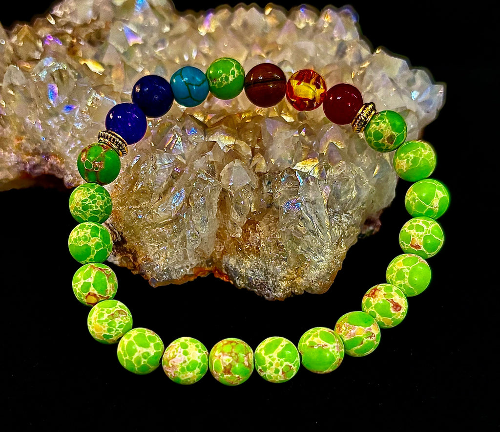 Reiki-Infused 7 Chakra & Green Sea Sediment Jasper Alignment Bracelet for Total Balance & Grounding (8mm)