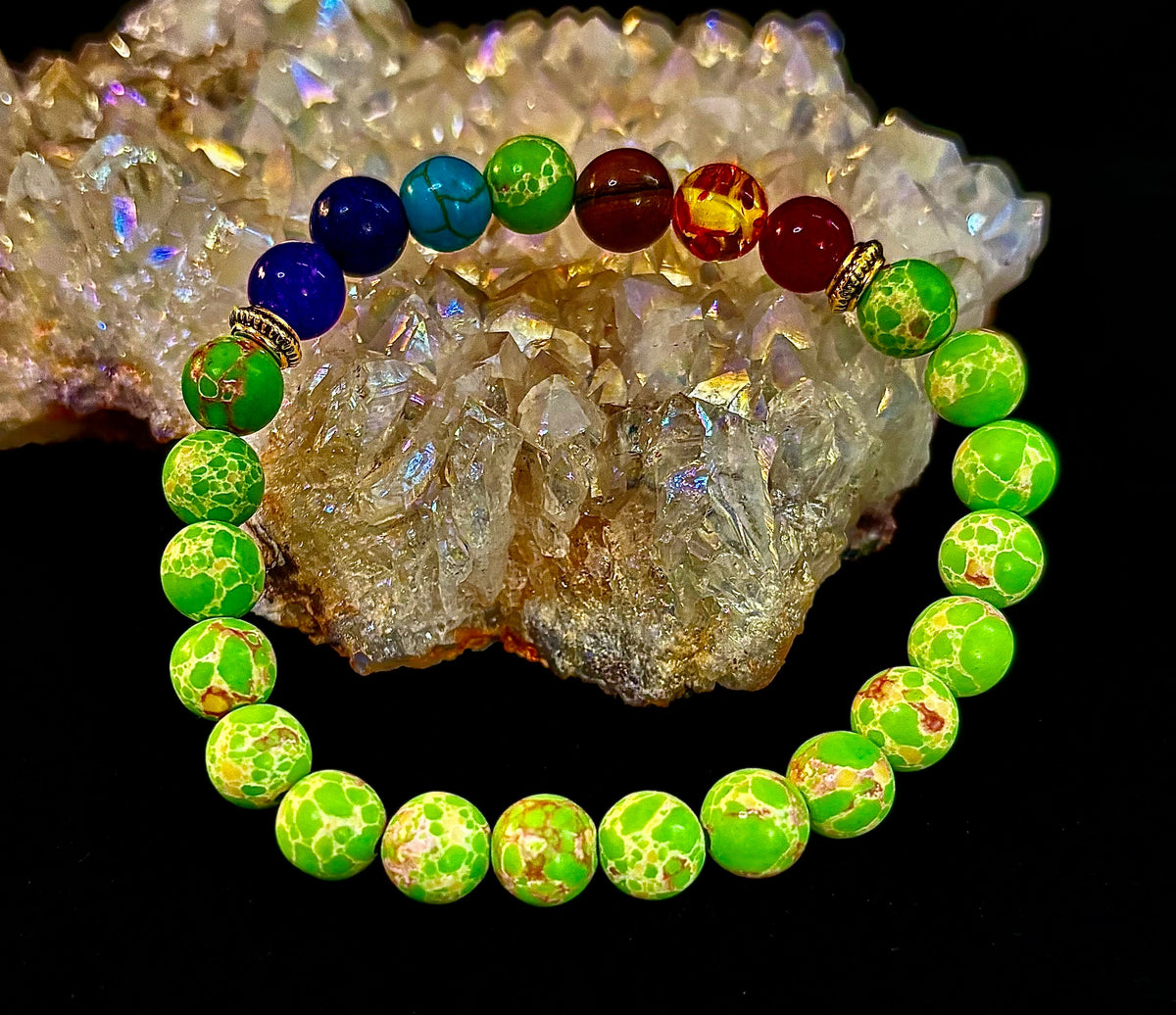 Reiki-Infused 7 Chakra & Green Sea Sediment Jasper Alignment Bracelet for Total Balance & Grounding (8mm)