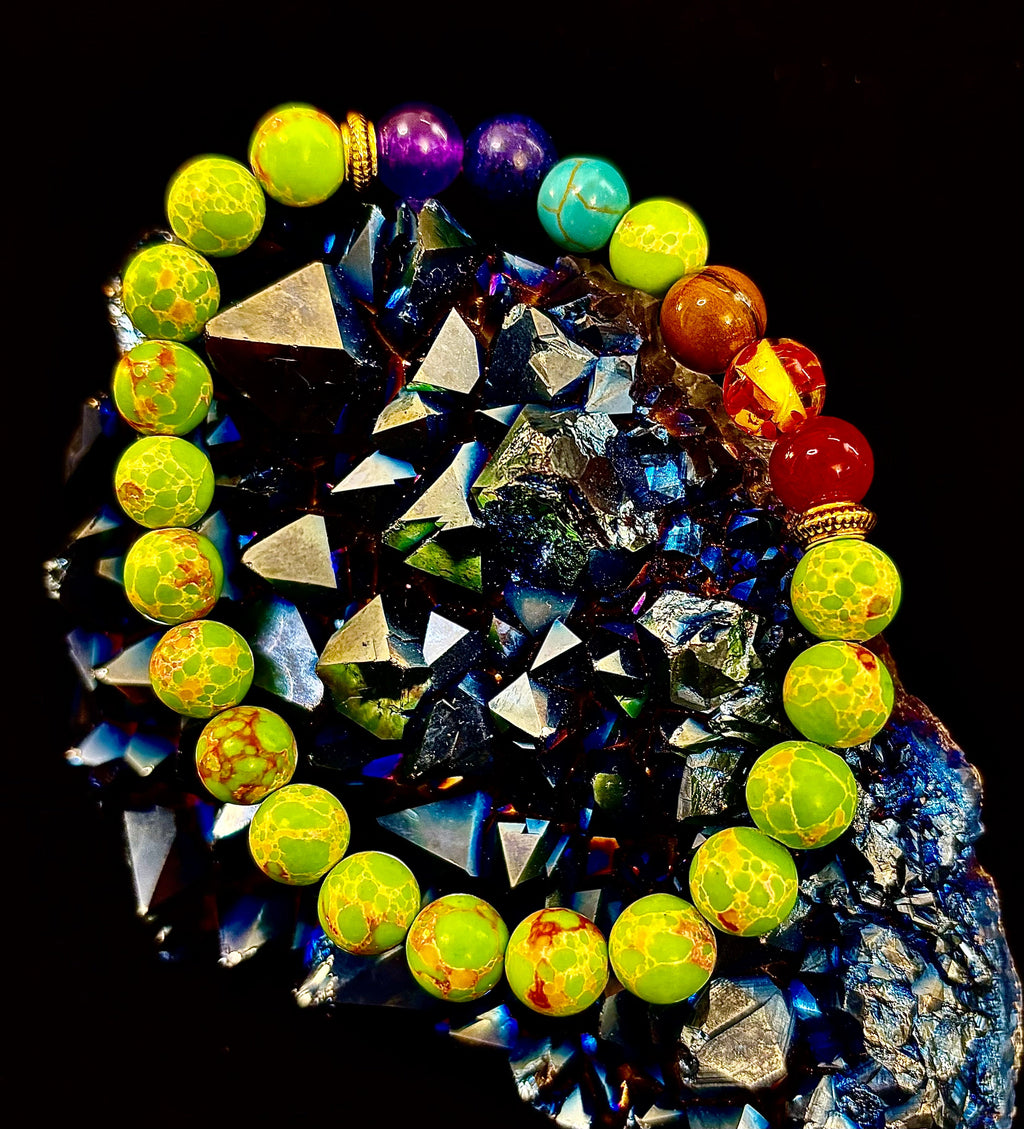 Reiki-Infused 7 Chakra & Green Sea Sediment Jasper Alignment Bracelet for Total Balance & Grounding (8mm)