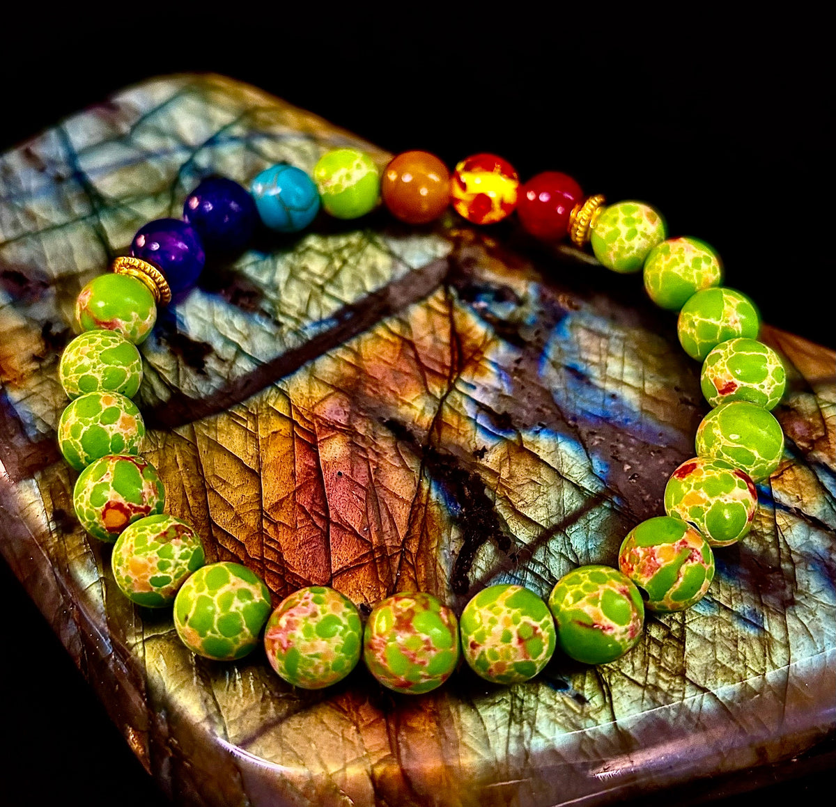 Reiki-Infused 7 Chakra & Green Sea Sediment Jasper Alignment Bracelet for Total Balance & Grounding (8mm)