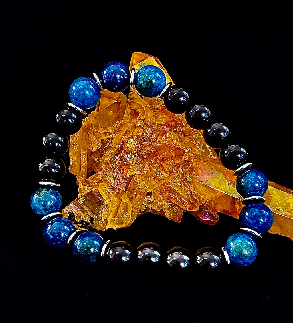 Reiki-Infused Blue Apatite & Black Obsidian "Guardian" Bracelet for Spiritual Protection, Focus & Communication (8mm & 10mm)