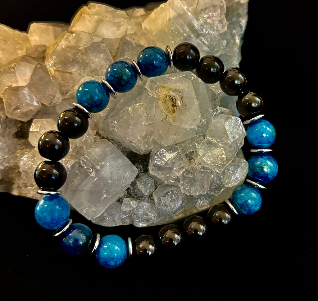 Reiki-Infused Blue Apatite & Black Obsidian "Guardian" Bracelet for Spiritual Protection, Focus & Communication (8mm & 10mm)