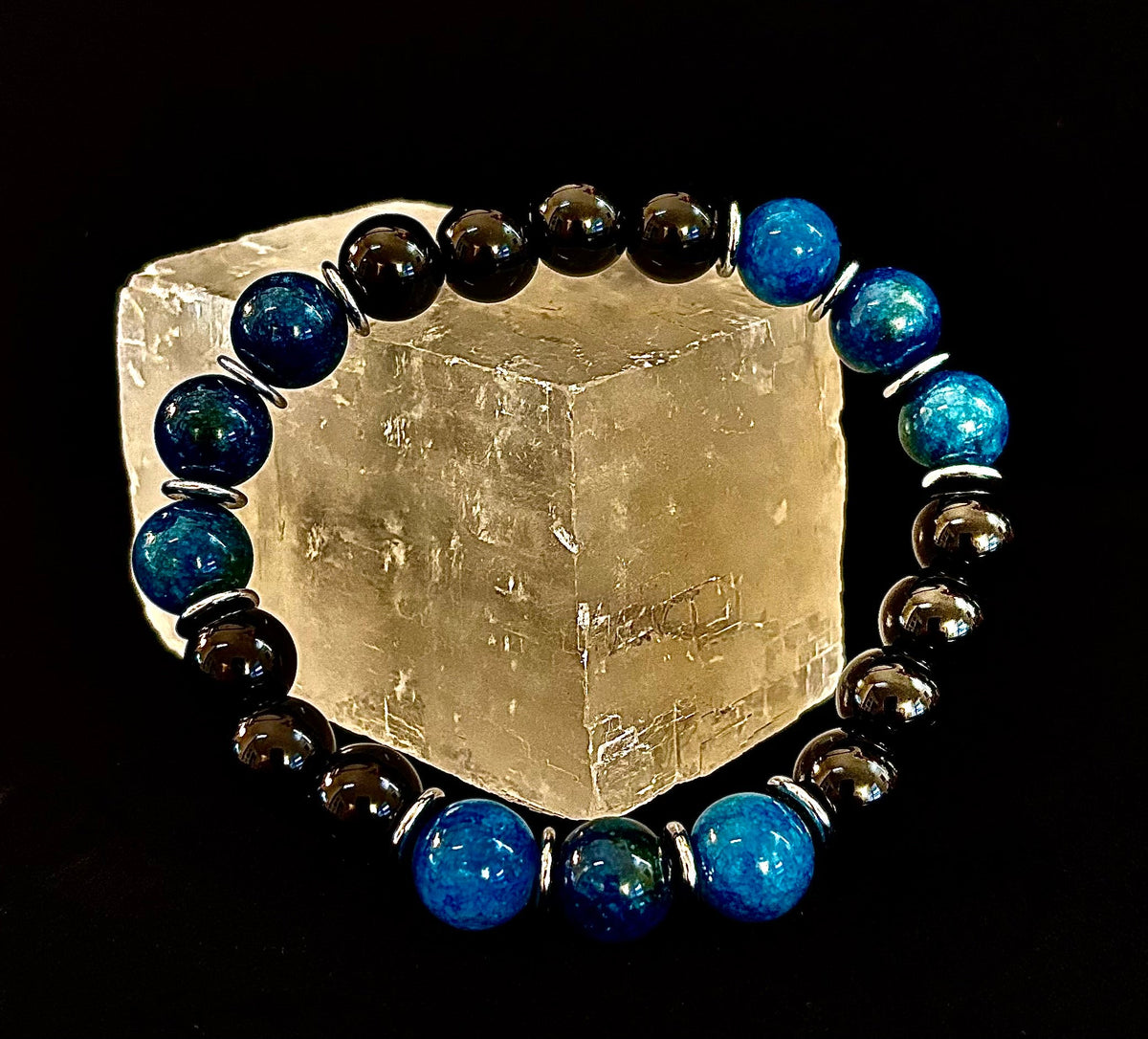 Reiki-Infused Blue Apatite & Black Obsidian "Guardian" Bracelet for Spiritual Protection, Focus & Communication (8mm & 10mm)