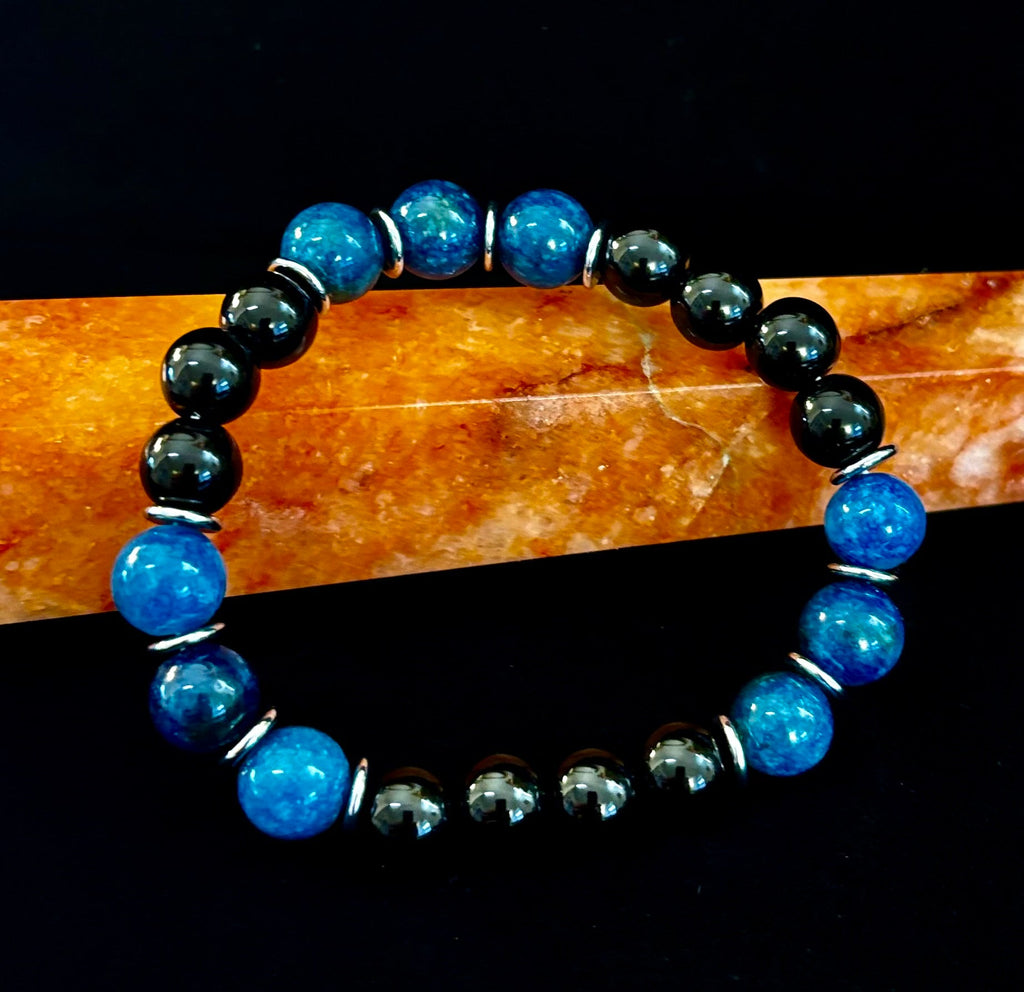 Reiki-Infused Blue Apatite & Black Obsidian "Guardian" Bracelet for Spiritual Protection, Focus & Communication (8mm & 10mm)