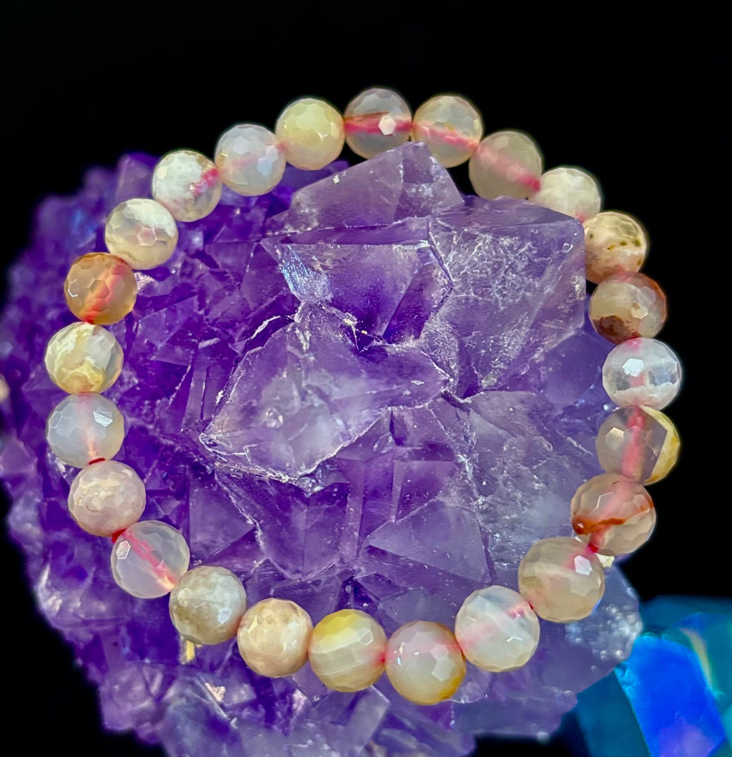 🌸 Cherry Blossom Agate Polyhedral-Cut Bracelet – 8mm (Medium Wrist)