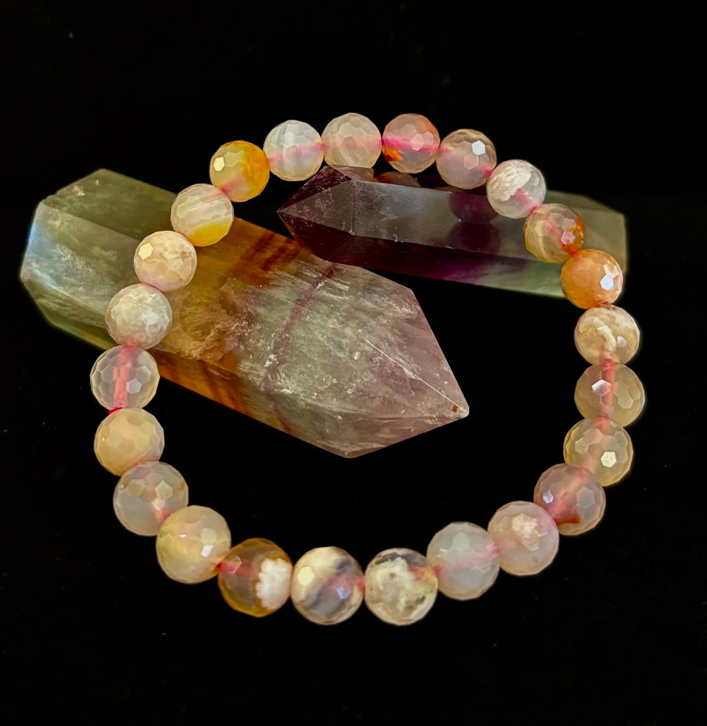 🌸 Cherry Blossom Agate Polyhedral-Cut Bracelet – 8mm (Medium Wrist)