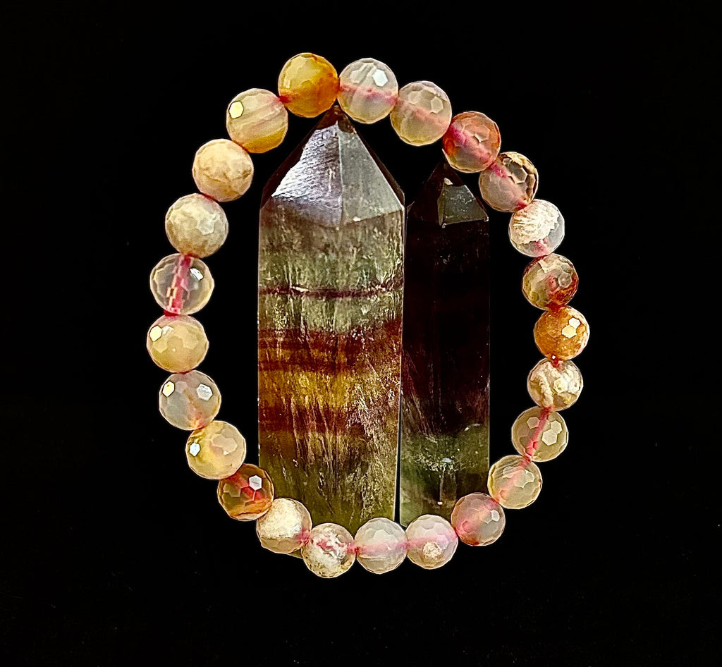 🌸 Cherry Blossom Agate Polyhedral-Cut Bracelet – 8mm (Medium Wrist)