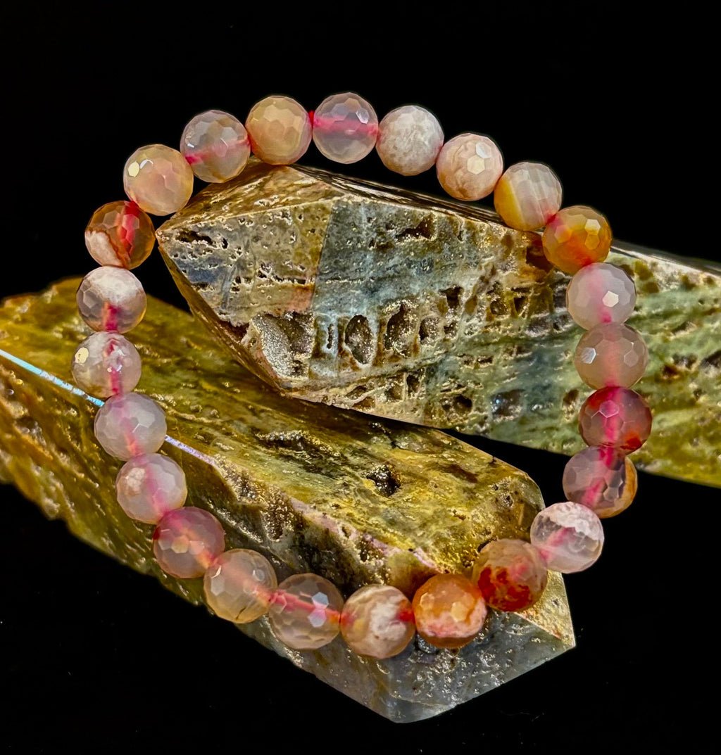 🌸 Cherry Blossom Agate Polyhedral-Cut Bracelet – 8mm (Medium Wrist)