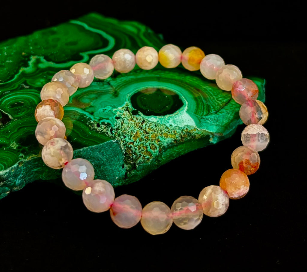 🌸 Cherry Blossom Agate Polyhedral-Cut Bracelet – 8mm (Medium Wrist)