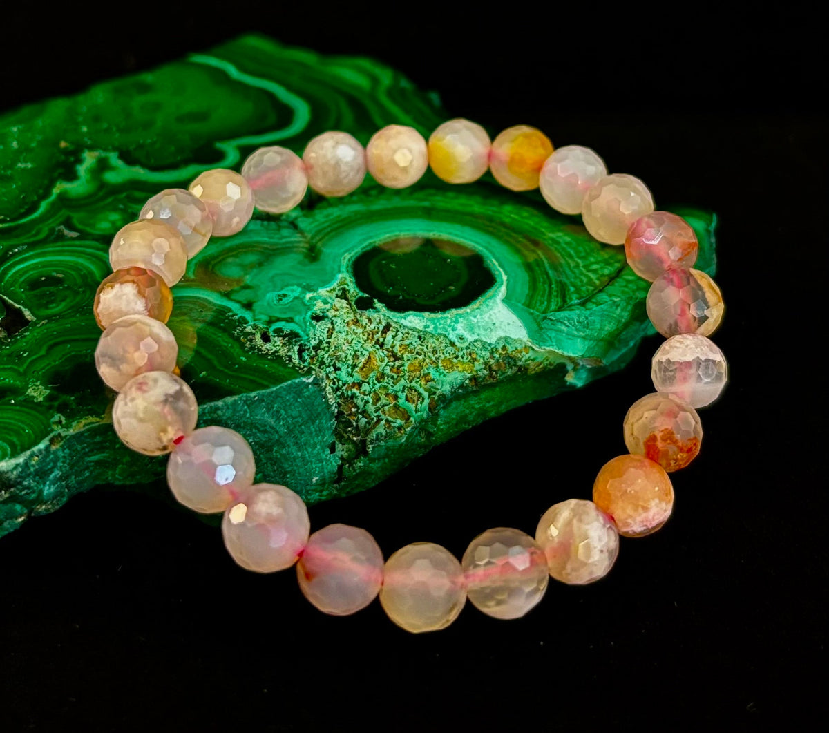 🌸 Cherry Blossom Agate Polyhedral-Cut Bracelet – 8mm (Medium Wrist)