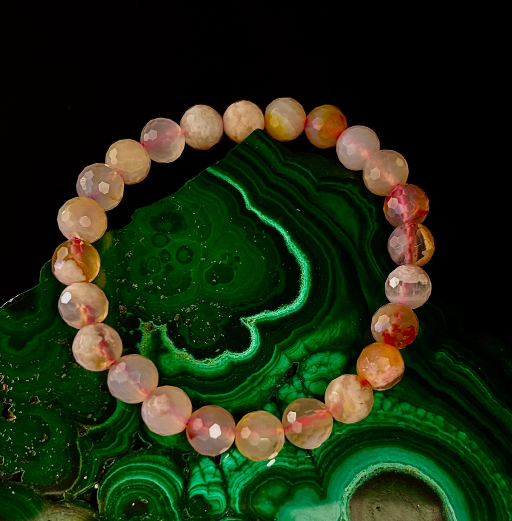 🌸 Cherry Blossom Agate Polyhedral-Cut Bracelet – 8mm (Medium Wrist)