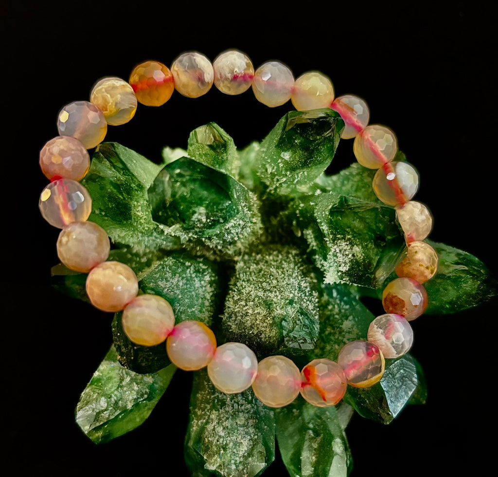 🌸 Cherry Blossom Agate Polyhedral-Cut Bracelet – 8mm (Medium Wrist)
