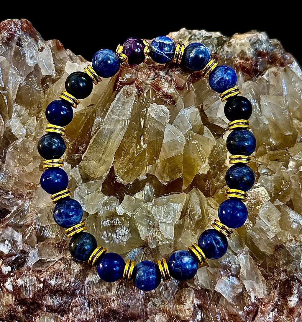 Reiki-Infused ANXIETY SUPPORT Bracelet – Sodalite & Amethyst with Gold Accents