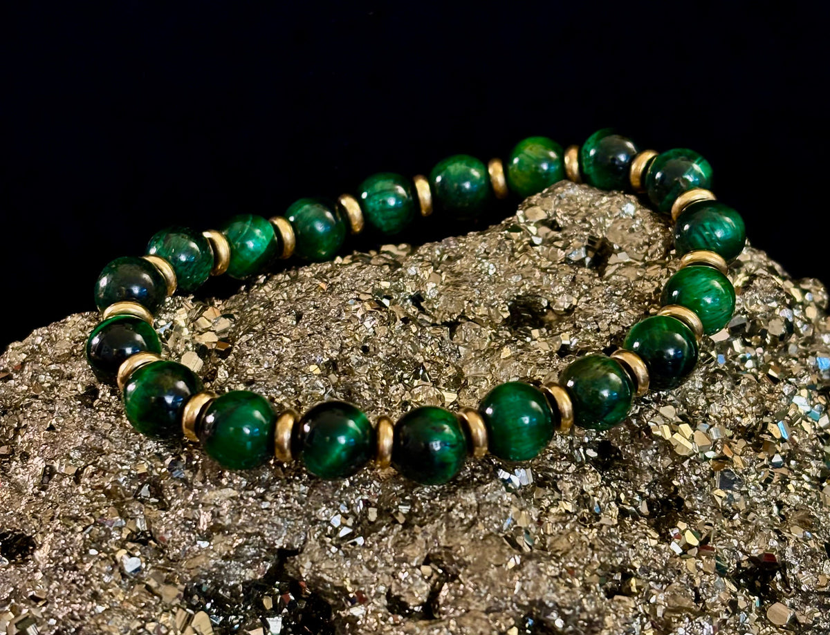 Green Tiger Eye Wealth & Confidence Bracelet – 8mm Beads with Gold Accents (Medium Wrists)