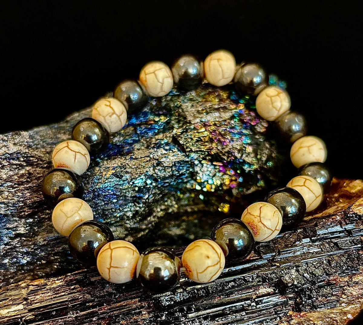 Black and White - Hematite and Veined White Stones - 8"-8.5" - Large and XL Wrists