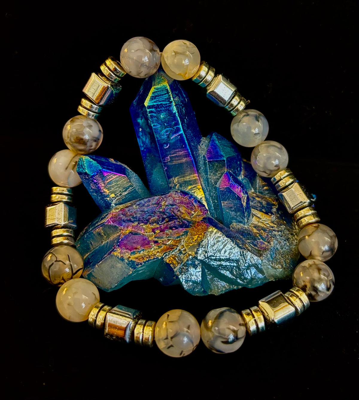 Dragon Vein Agate with Silver Spacers - 8"-8.5" - Large and XL Wrists