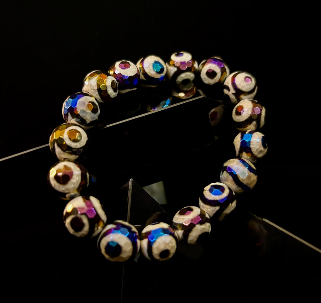 Mexican Agate Evil Eye Bracelet — Natural Earth-Mined Agate Beaded Bracelet Inspired by Puerto Vallarta (12mm, Medium–Large Wrists)