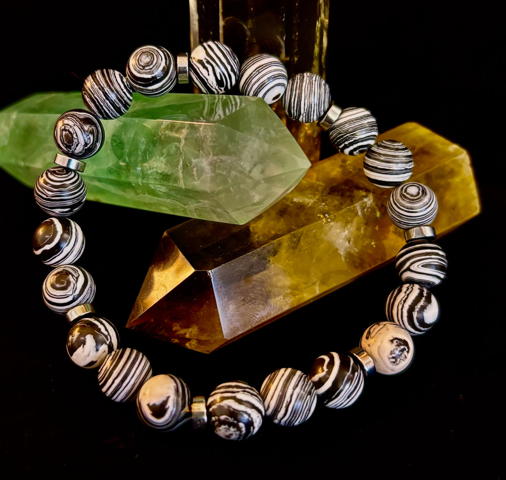 Black & White Striped Agate Stretch Bracelet — Natural Banded Agate Bracelet for Large to XL Wrists
