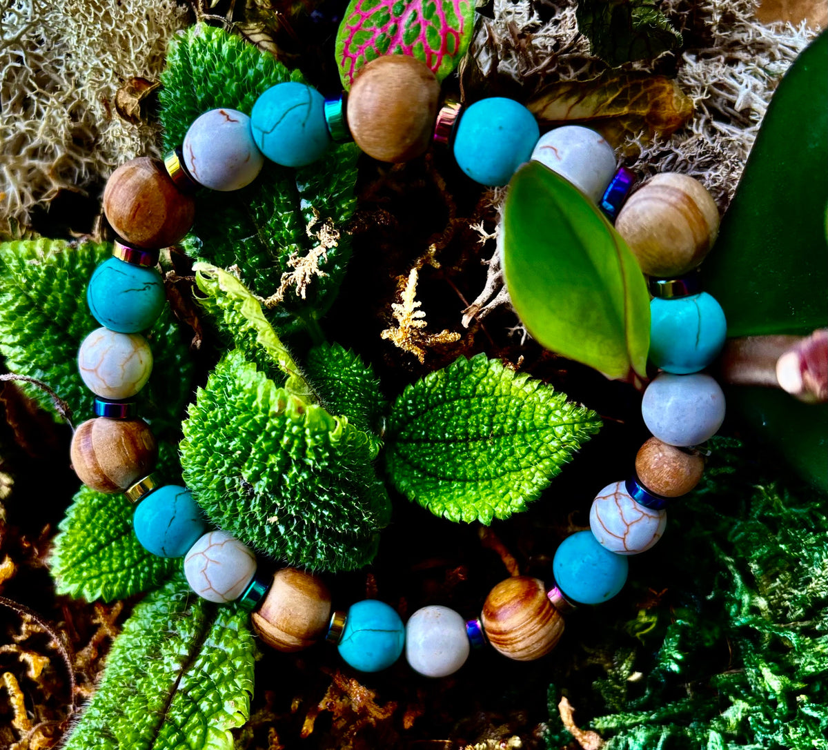 Turquoise and Cream Howlite with Coconut Palm Beads (8"-8.5" Large and XL Wrists)