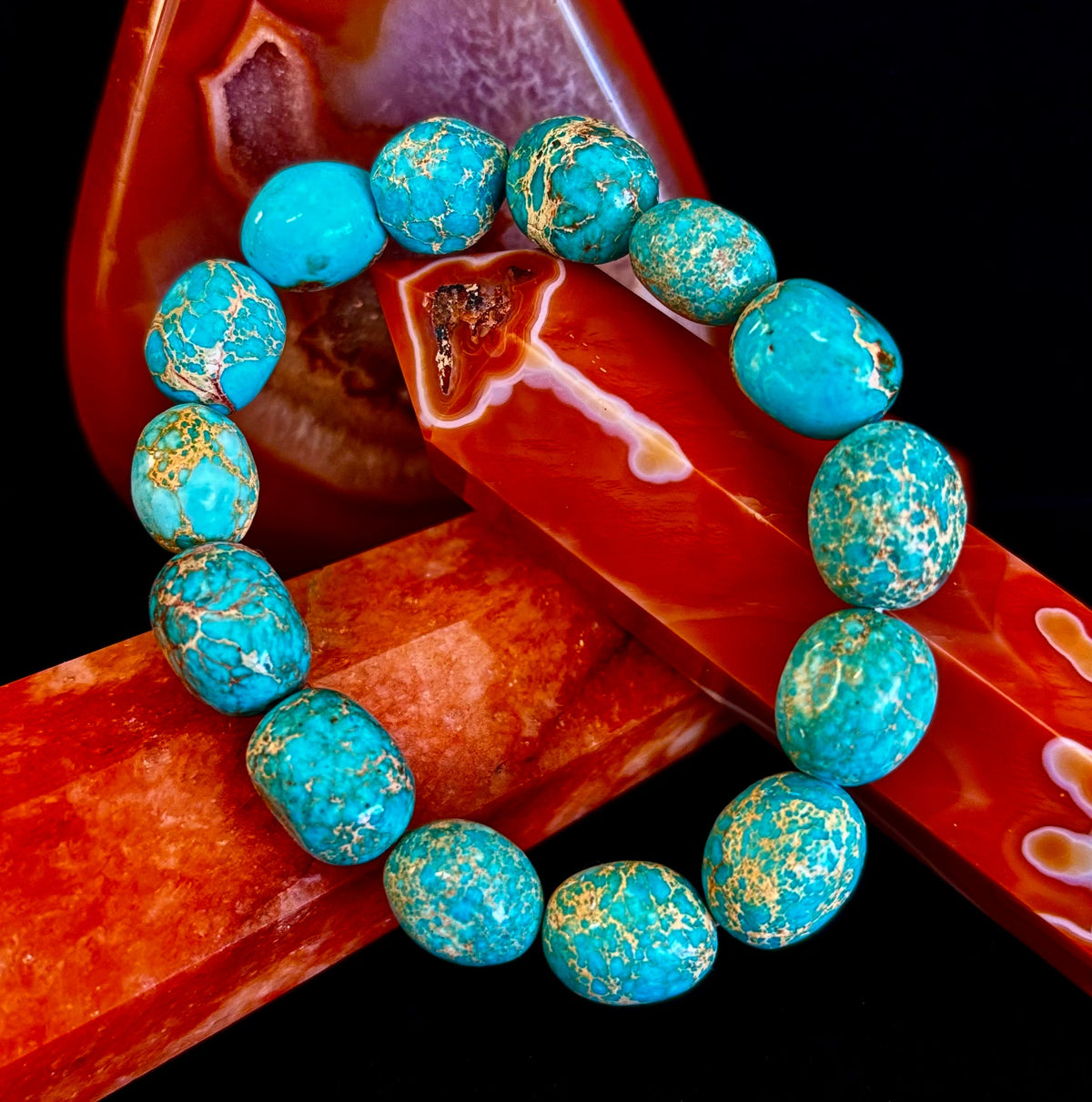 Imperial Jasper Nugget Stretch Bracelet — Natural Turquoise Green Jasper Statement Bracelet (Medium to Large Wrists)