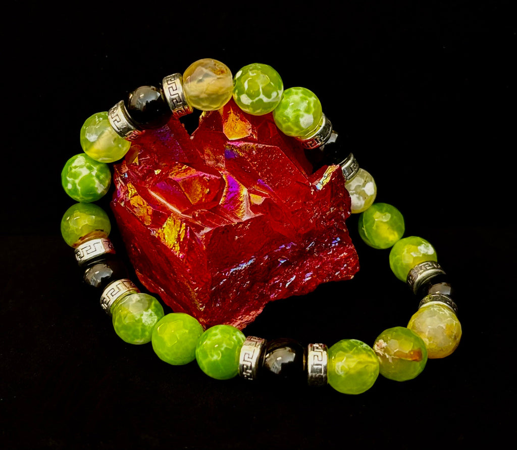 Green Agate & Black Onyx Stretch Bracelet — Handmade Natural Stone Bracelet with Silver Spacers for Large to XL Wrists (7.5"–8.5")