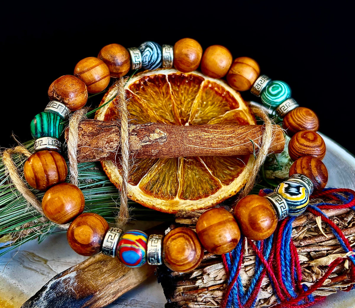 Coconut Palm Wood with Mixed Natural Stones (8.5"-9.5" XL Wrists)
