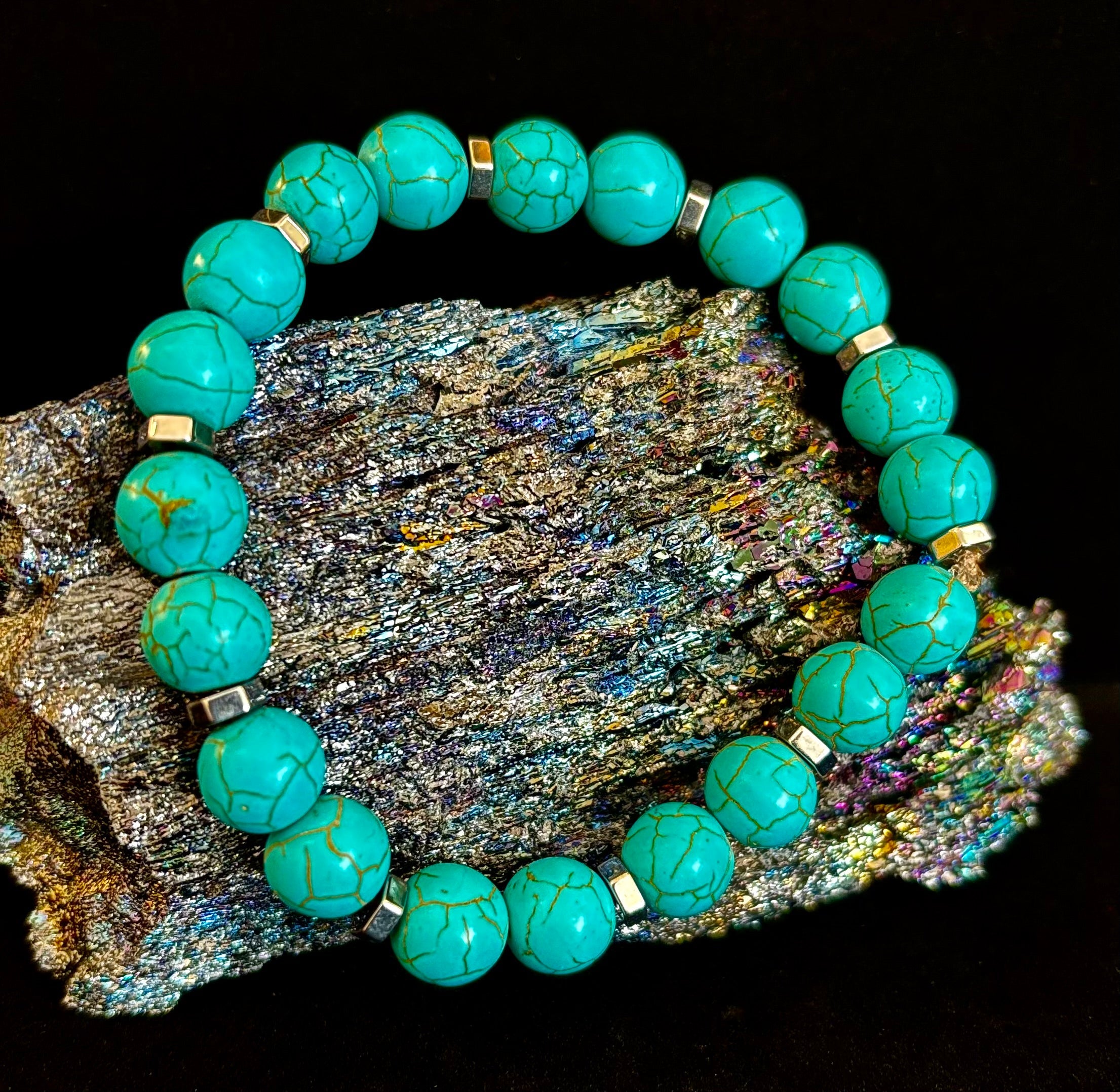 Turquoise Howlite Bracelet with Silver Spacers — Calming Natural Stone Stretch Bracelet (6.75"–7.5" Medium to Large Wrists)