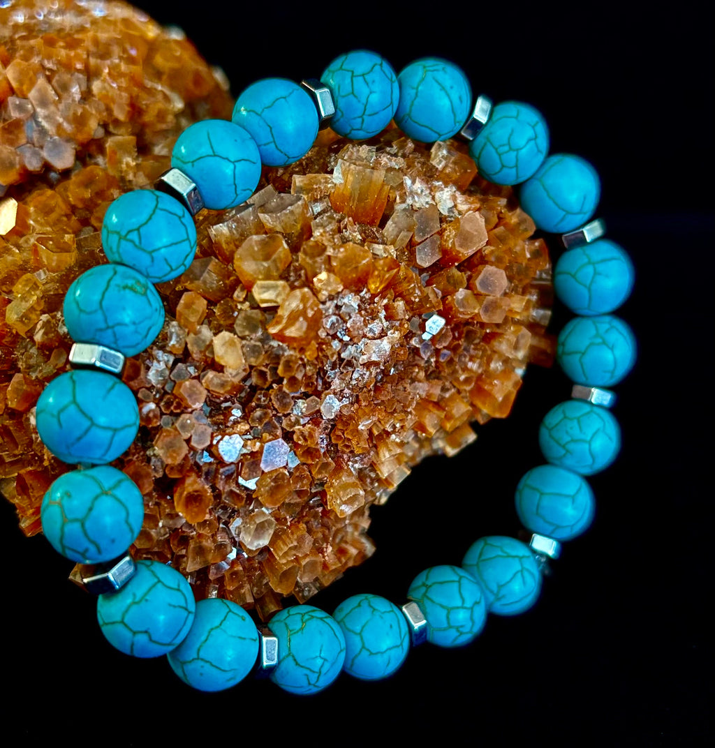 Turquoise Howlite Bracelet with Silver Spacers — Calming Natural Stone Stretch Bracelet (6.75"–7.5" Medium to Large Wrists)