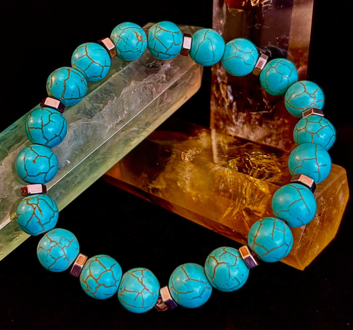Turquoise Howlite Bracelet with Silver Spacers — Calming Natural Stone Stretch Bracelet (6.75"–7.5" Medium to Large Wrists)