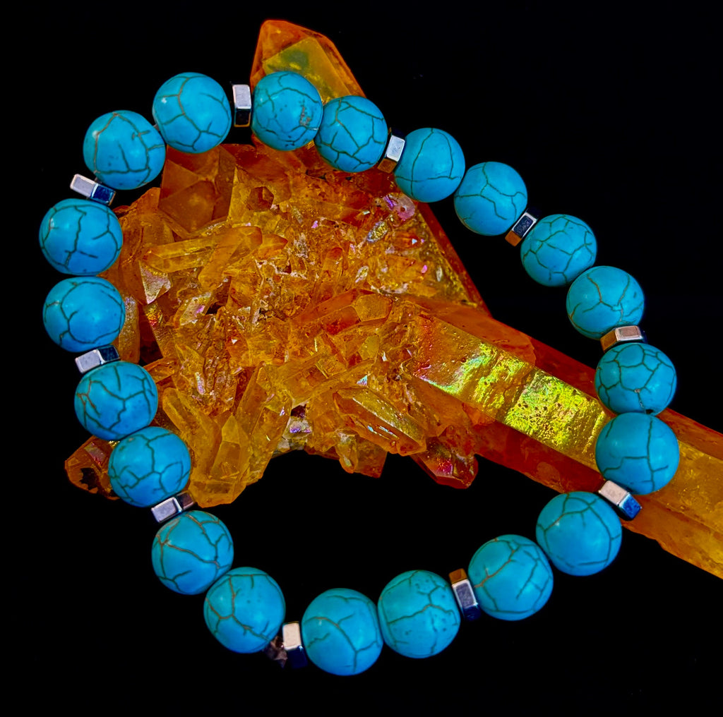 Turquoise Howlite Bracelet with Silver Spacers — Calming Natural Stone Stretch Bracelet (6.75"–7.5" Medium to Large Wrists)