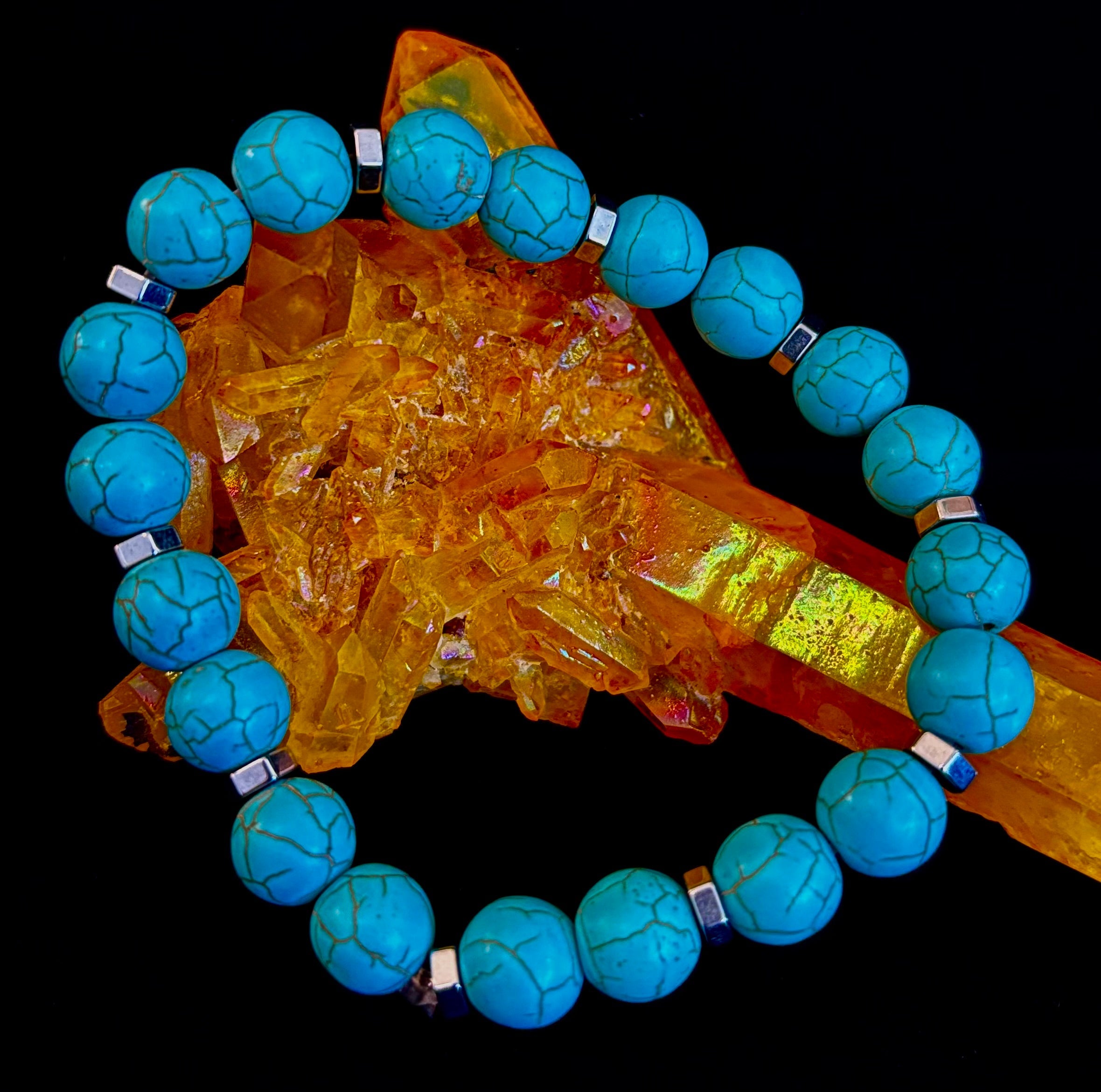 Turquoise Howlite Bracelet with Silver Spacers — Calming Natural Stone Stretch Bracelet (6.75"–7.5" Medium to Large Wrists)