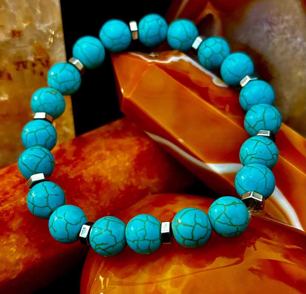 Turquoise Howlite Bracelet with Silver Spacers — Calming Natural Stone Stretch Bracelet (6.75"–7.5" Medium to Large Wrists)