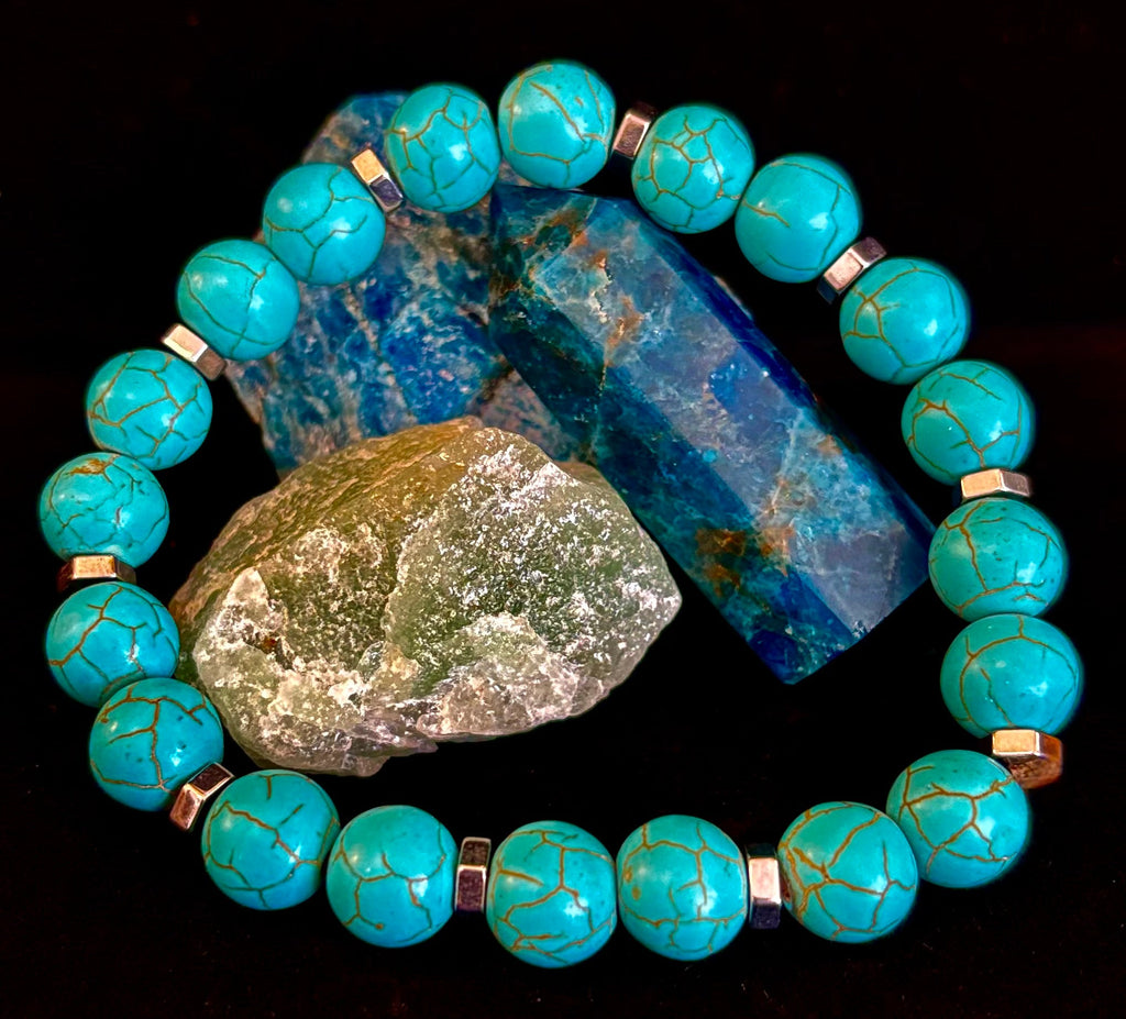 Turquoise Howlite Bracelet with Silver Spacers — Calming Natural Stone Stretch Bracelet (6.75"–7.5" Medium to Large Wrists)