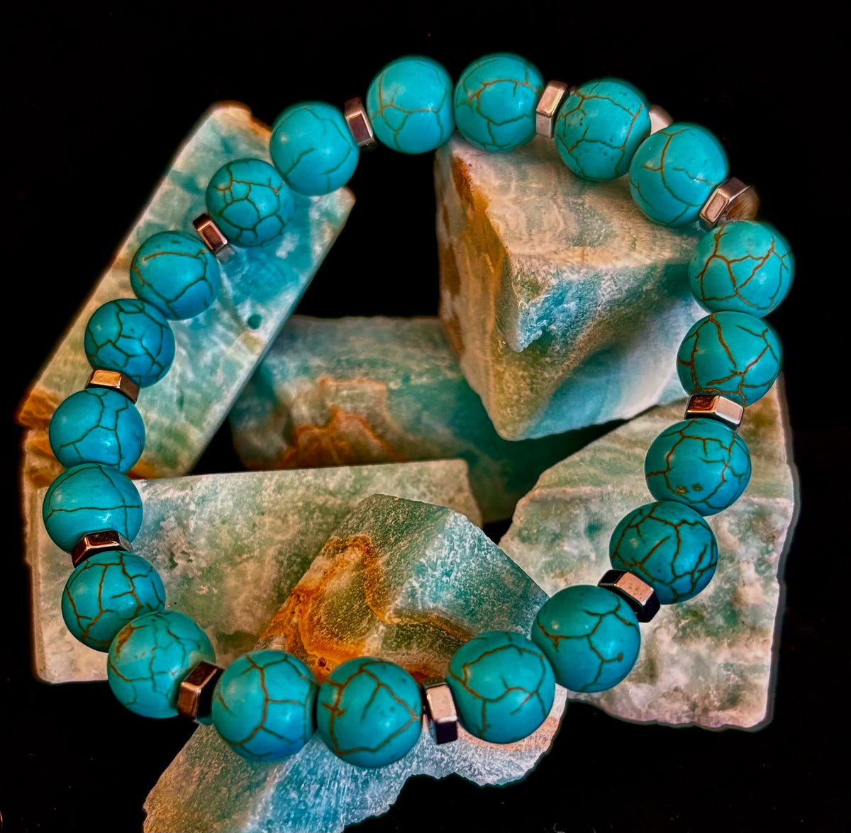Turquoise Howlite Bracelet with Silver Spacers — Calming Natural Stone Stretch Bracelet (6.75"–7.5" Medium to Large Wrists)