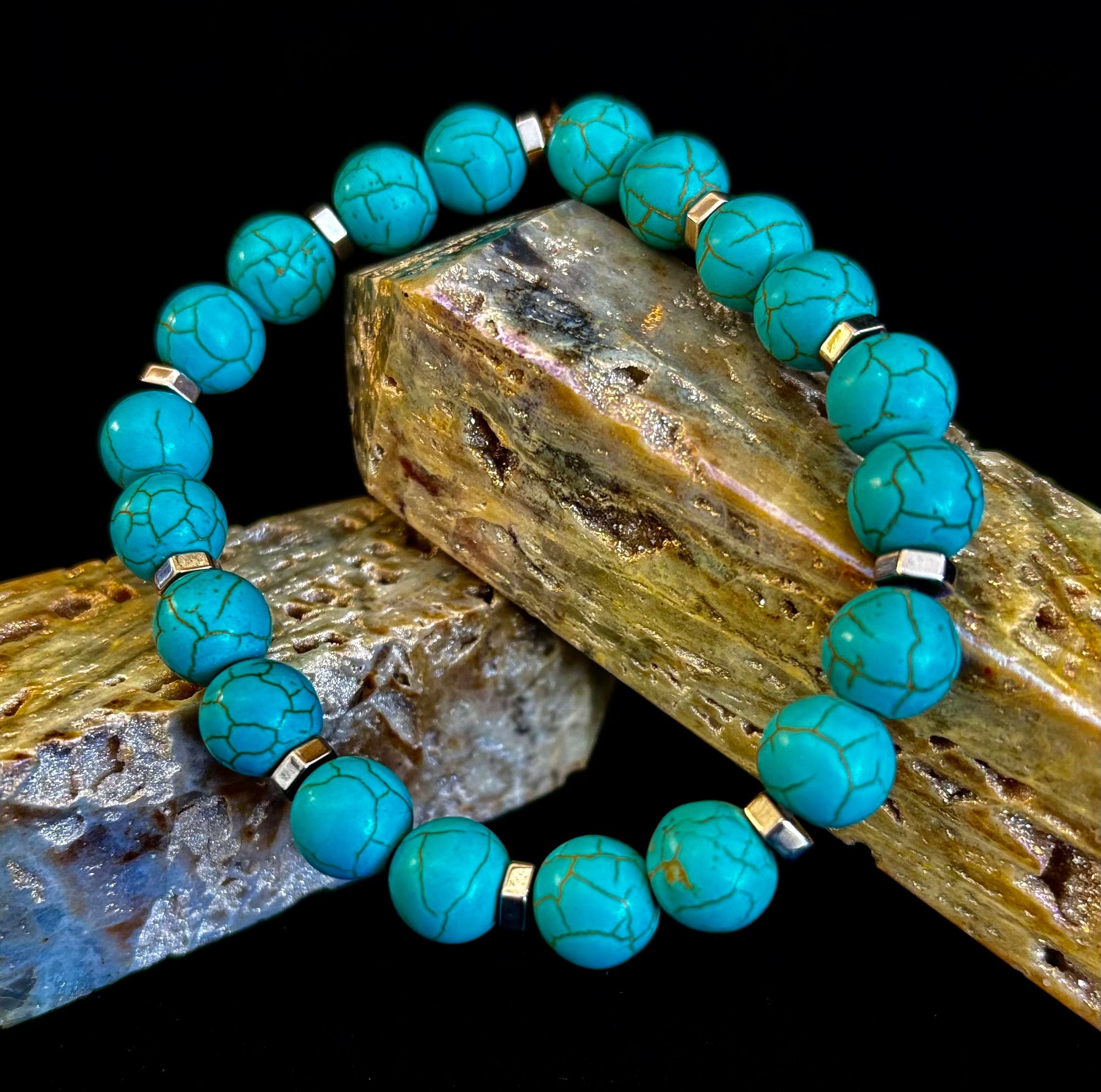 Turquoise Howlite Bracelet with Silver Spacers — Calming Natural Stone Stretch Bracelet (6.75"–7.5" Medium to Large Wrists)