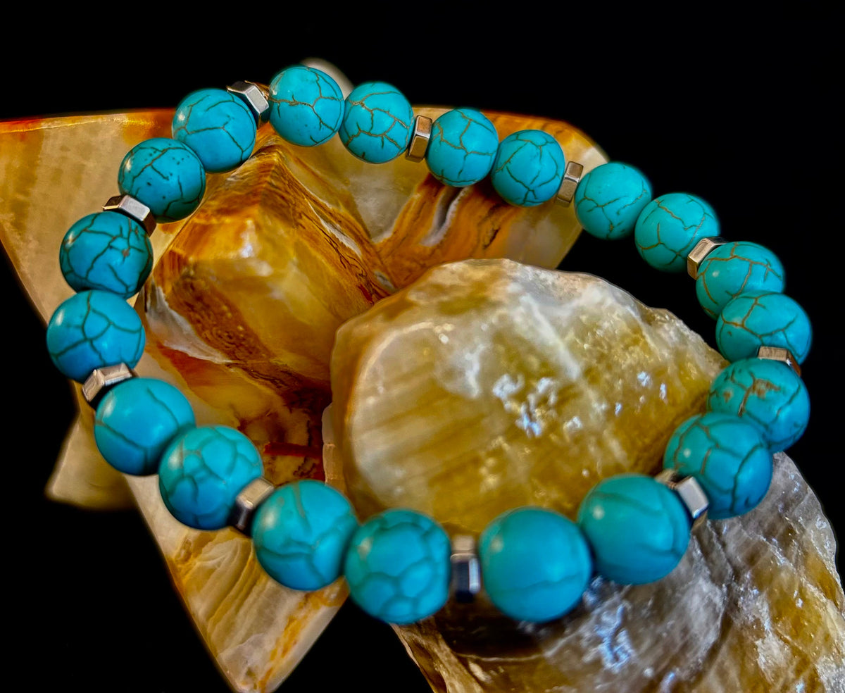 Turquoise Howlite Bracelet with Silver Spacers — Calming Natural Stone Stretch Bracelet (6.75"–7.5" Medium to Large Wrists)