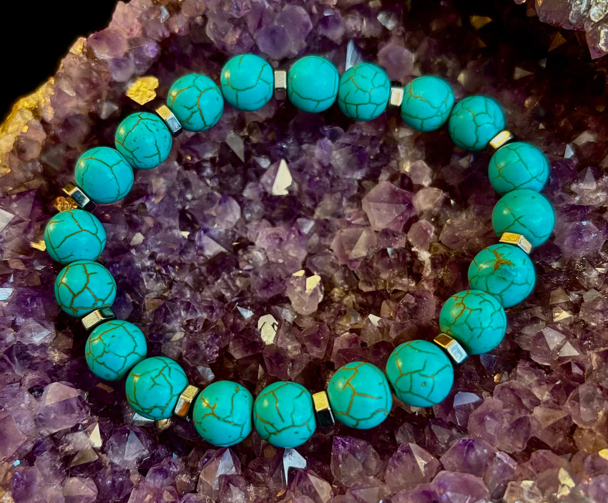 Turquoise Howlite Bracelet with Silver Spacers — Calming Natural Stone Stretch Bracelet (6.75"–7.5" Medium to Large Wrists)