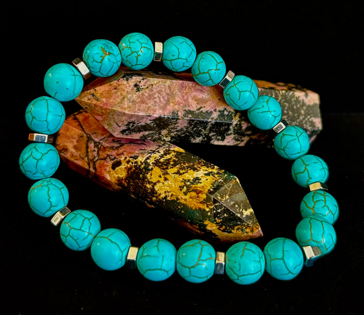Turquoise Howlite Bracelet with Silver Spacers — Calming Natural Stone Stretch Bracelet (6.75"–7.5" Medium to Large Wrists)