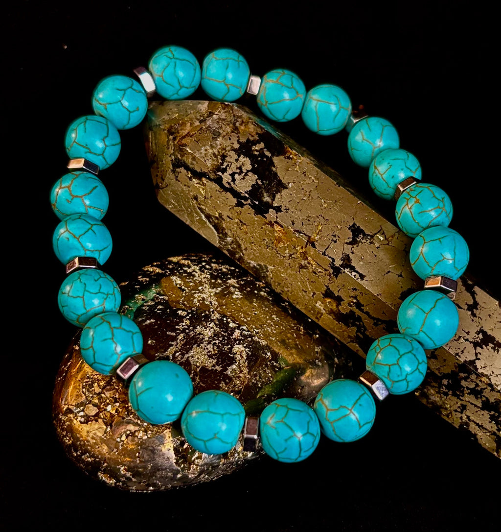 Turquoise Howlite Bracelet with Silver Spacers — Calming Natural Stone Stretch Bracelet (6.75"–7.5" Medium to Large Wrists)
