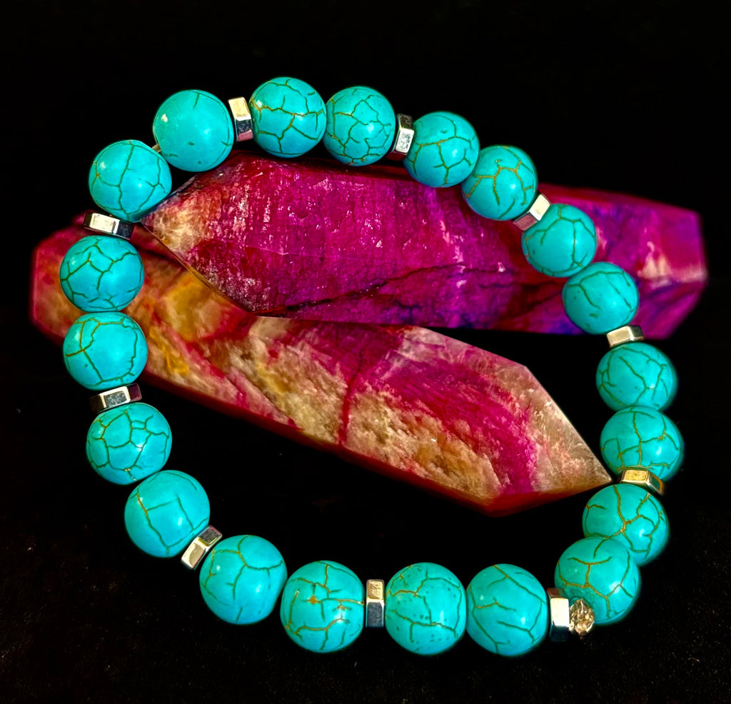 Turquoise Howlite Bracelet with Silver Spacers — Calming Natural Stone Stretch Bracelet (6.75"–7.5" Medium to Large Wrists)