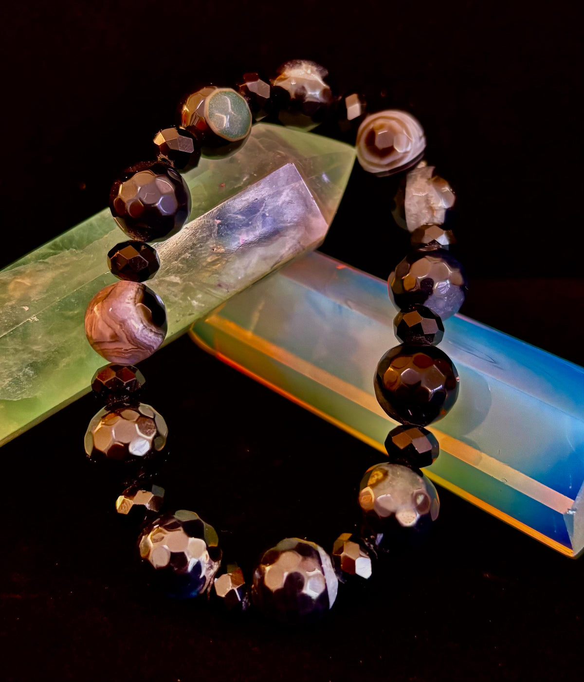 Puerto Vallarta Midnight Agate Power Bracelet — Faceted Black Agate & Swirled Banded Agate (Large Wrist Fit)