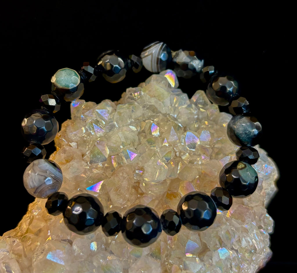 Puerto Vallarta Midnight Agate Power Bracelet — Faceted Black Agate & Swirled Banded Agate (Large Wrist Fit)