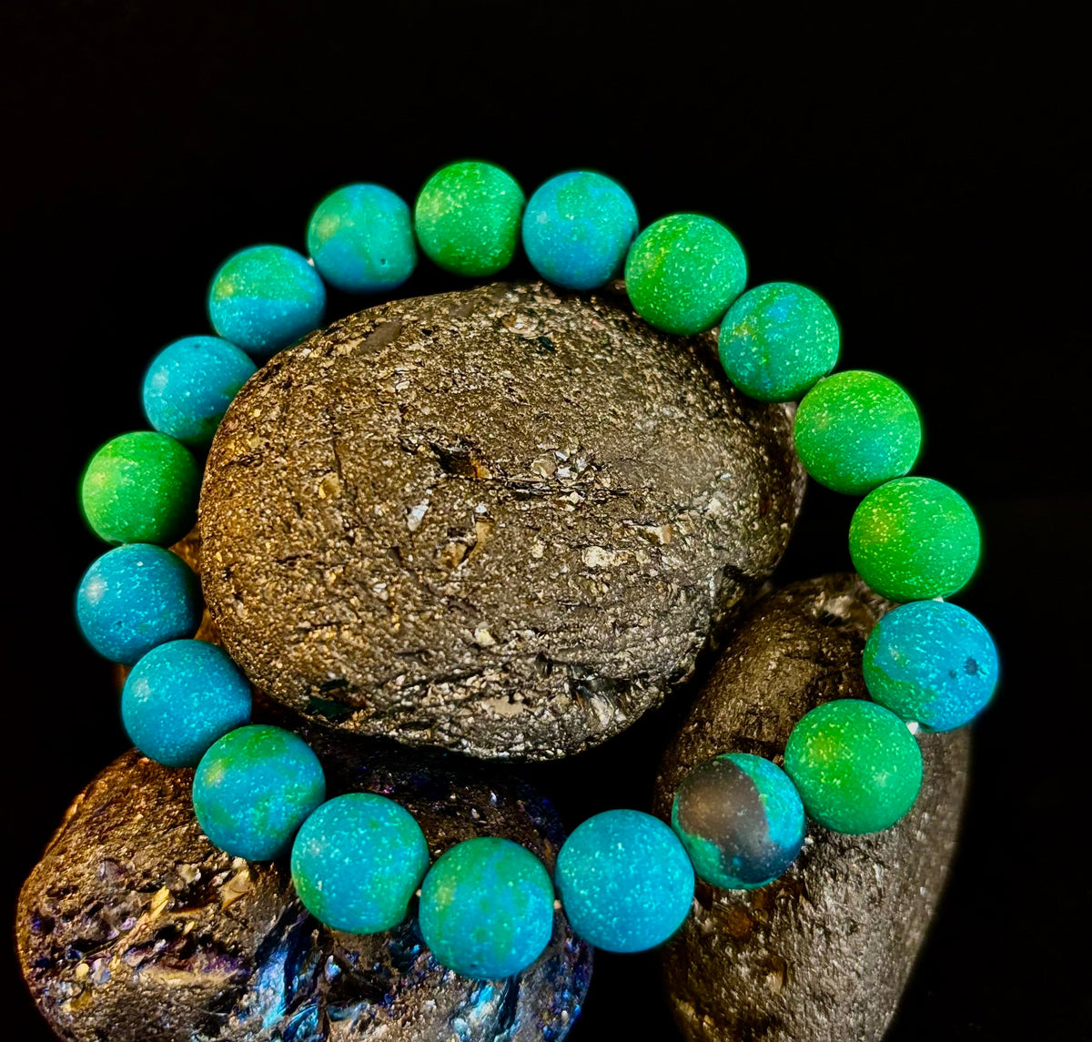Matte Azurite Energy Bracelet — Genuine 10mm Blue-Green Azurite Stretch Bracelet for Medium to Large Wrists (7.25–8.5")