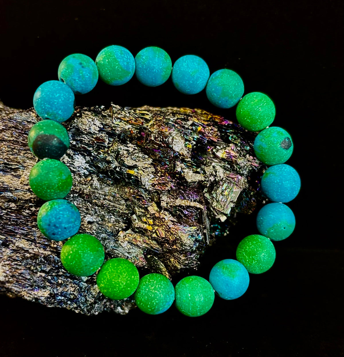 Matte Azurite Energy Bracelet — Genuine 10mm Blue-Green Azurite Stretch Bracelet for Medium to Large Wrists (7.25–8.5")