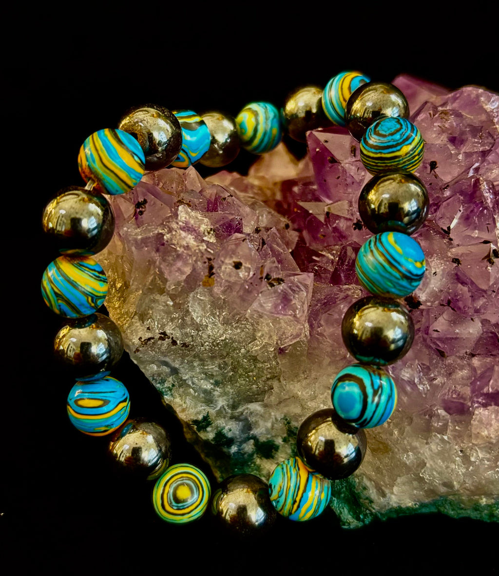 Blue Peacock Malachite Stone Bracelet – XL Hematite Stretch Bracelet for Large Wrists