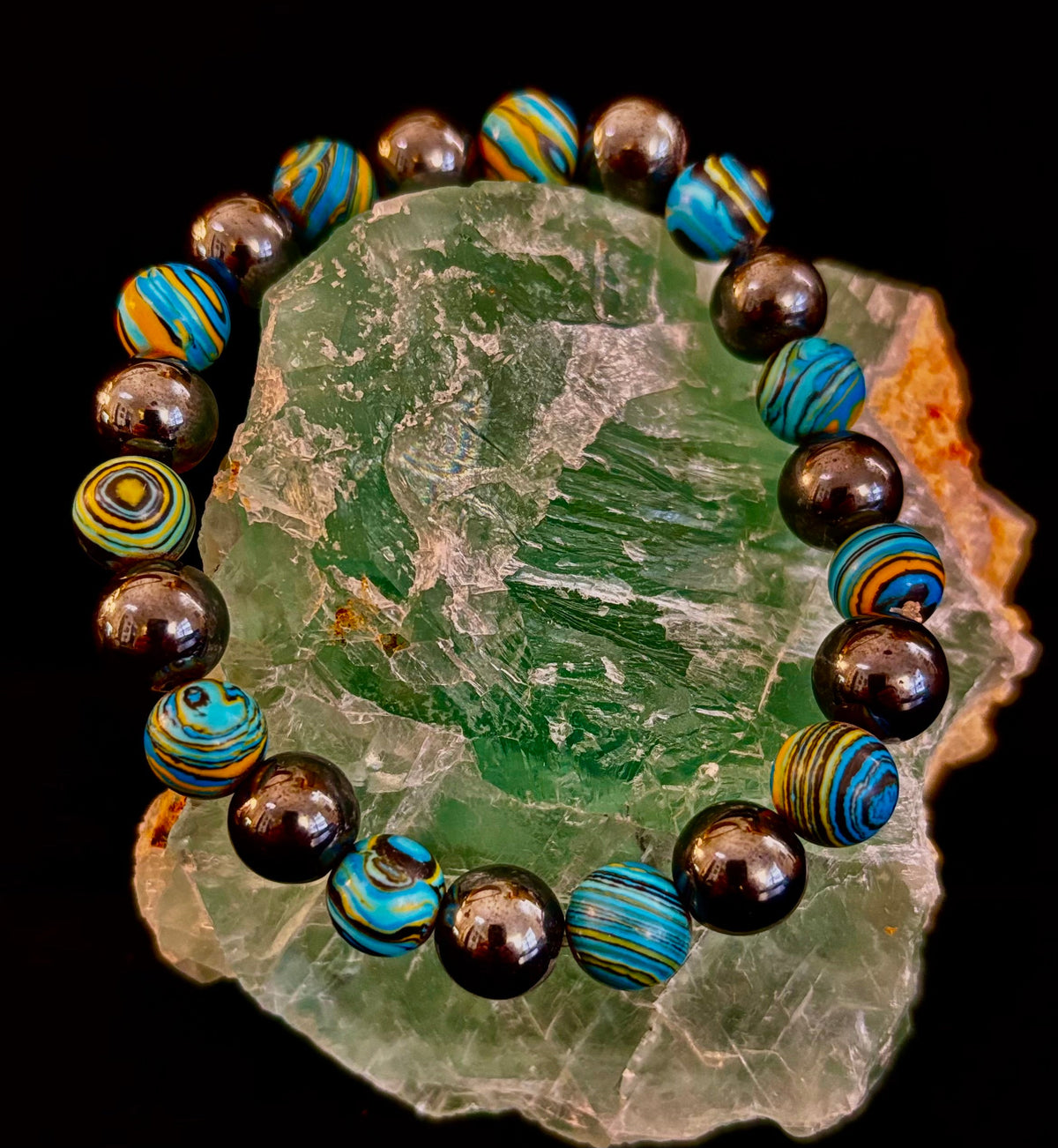 Blue Peacock Malachite Stone Bracelet – XL Hematite Stretch Bracelet for Large Wrists