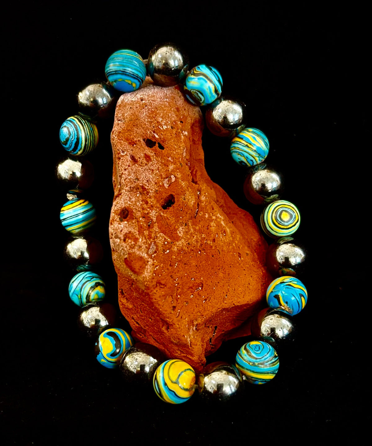 Blue Peacock Malachite Stone Bracelet – XL Hematite Stretch Bracelet for Large Wrists