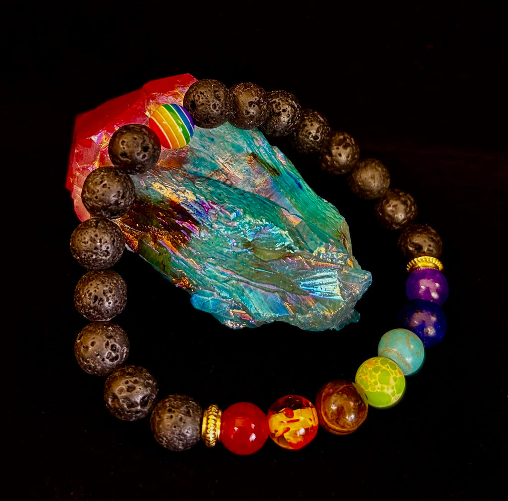 Faux Stone Chakra Bracelets with Pride Bead – White, Black, or Lava Rock
