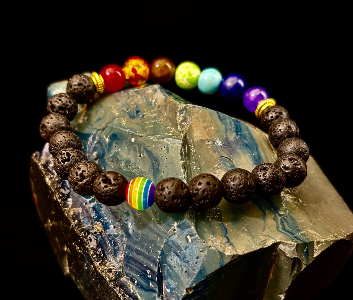 Faux Stone Chakra Bracelets with Pride Bead – White, Black, or Lava Rock
