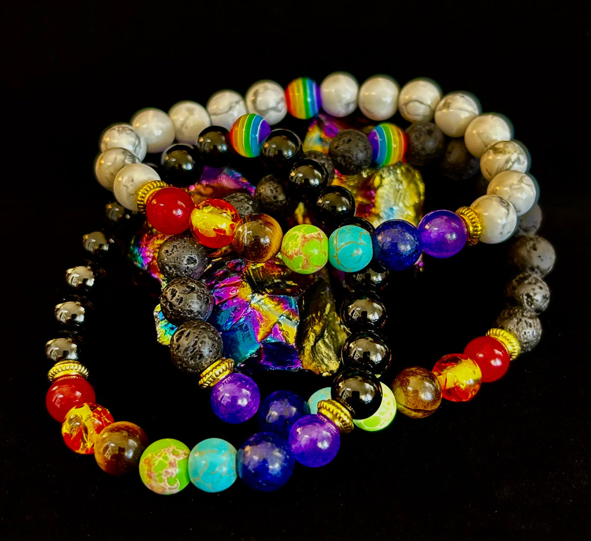 Faux Stone Chakra Bracelets with Pride Bead – White, Black, or Lava Rock